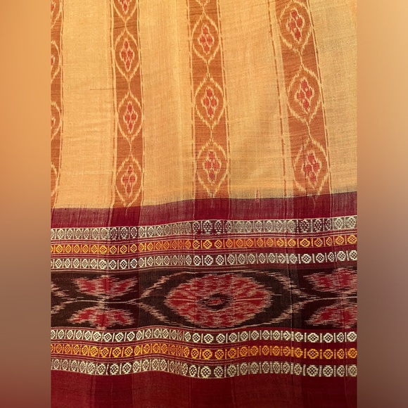 Fabindia style Ikat handwoven 100% cotton stunning saree salmon 🍣 & burgundy NEW - Picture 8 of 15